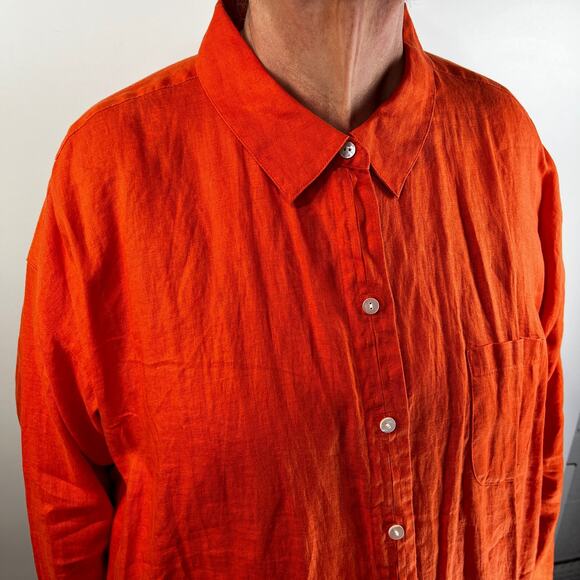 J. Jill Linen Button Down Shirt Long Sleeves Orange Summer - Picture 2 of 8